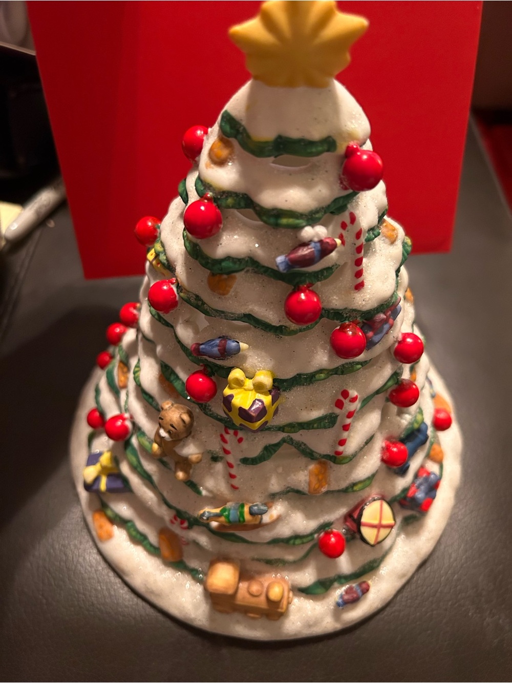 PartyLite White Ceramic Christmas Tree Figurine with Red and Green Accents